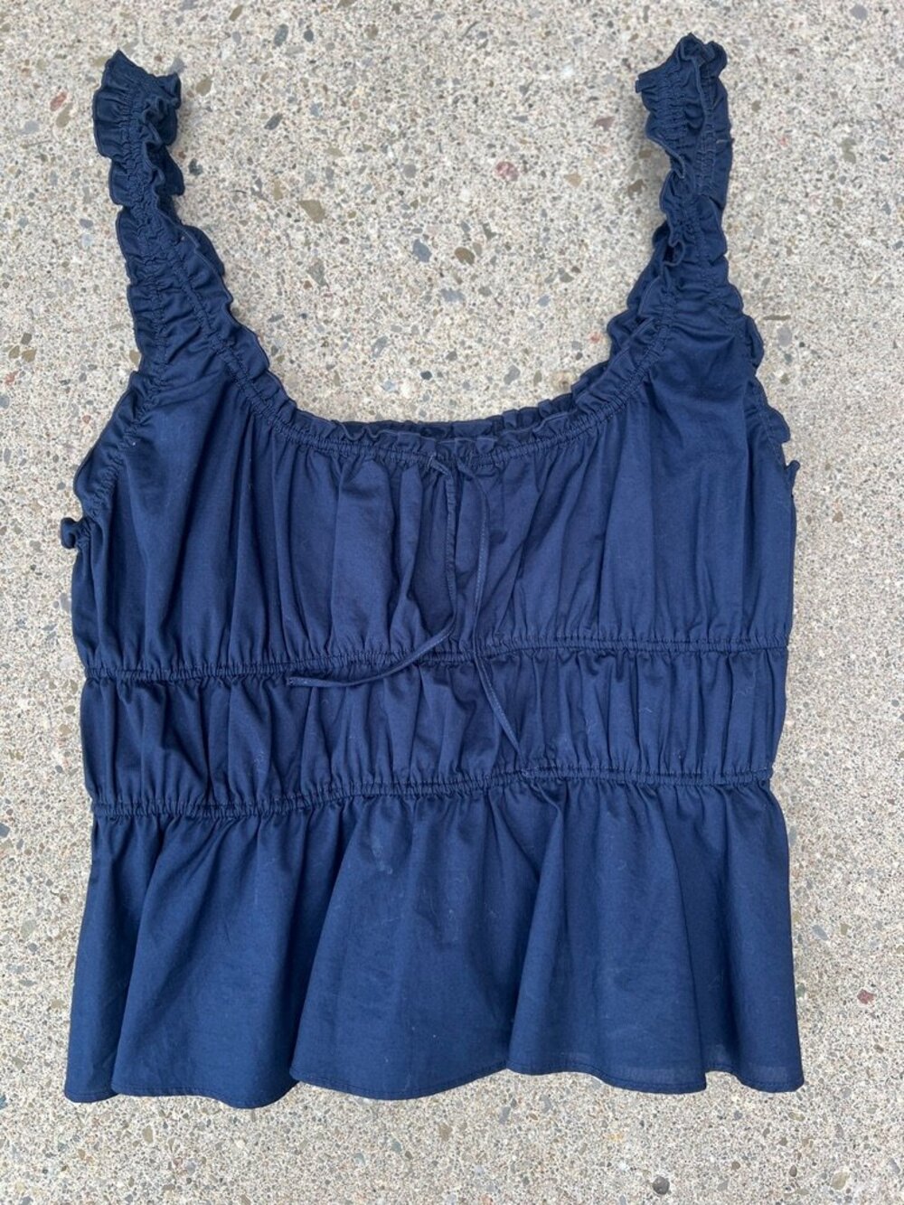 Aritzia Sunday Best Smocked Ruffle Tank Top – Navy Blue – Size L – 100% Cotton